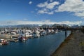 A marina with snow capped mountains in the background