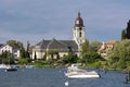 Marina and Swiss historical Church on Lake Geneva