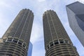 Marina Towers the Corn Cobs and a green Chicago River Royalty Free Stock Photo