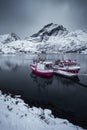 Marina vessels docked in a calm coastal harbor surrounded by majestic mountain peaks