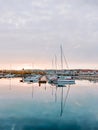 Beautiful clear sunset in the sea harbor with moored yachts. Beautiful fishing town with Sail Boats. Sopot, Poland Royalty Free Stock Photo