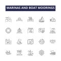 Marinas and boat moorings line vector icons and signs. Boat, Moorings, Harbours, Boats, Anchorage, Jetties, Berths Royalty Free Stock Photo