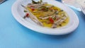 Marinate anchovies traditional greek sea plate Royalty Free Stock Photo