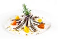 Marinated anchovies. Gourmet restaurant italian food. white back Royalty Free Stock Photo