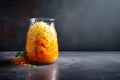 Marinated cabbage and carrots preserved in a glass jar, on dark kitchen countertop. Sauerkraut. Generative AI