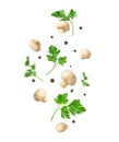 Marinated champignons with parsley in the air isolated on a white background