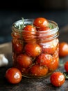Marinated cherry tomatoes in a glass jar with rosemary. Royalty Free Stock Photo
