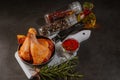 Marinated Chicken Drumstick Black Background Raw Chicken Meat Grill Spices.Top view.Convenience food,pree cooked Royalty Free Stock Photo