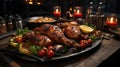 Marinated Chicken on a Grill in Restaraunt Style on Blurry Background