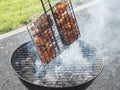 Marinated chicken portions in metal grilling basket, Cooking food on fire. Summer barbeque time theme. Picnic in a park or back