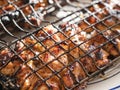 Marinated chicken portions in metal grilling basket, Cooking food on fire. Summer barbeque time theme. Picnic in a park or back