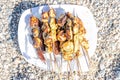 Marinated chicken skewers and barbecued merguez. Royalty Free Stock Photo