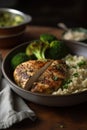 Marinated cooked grilled healthy chicken breasts with broccoli