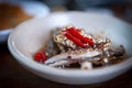 Marinated crab topped with fresh sliced chilli, a side dish to main course of Korean traditional cuisine in Korea