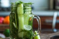 Marinated cucumbers gherkins. Pickles with mustard and garlic. Glass jar with fermented cucumbers on grey table. Pickled cucumbers Royalty Free Stock Photo