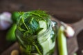 Marinated cucumbers gherkins. Pickles with mustard and garlic. Glass jar with fermented cucumbers on grey table. Pickled cucumbers Royalty Free Stock Photo