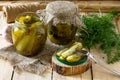 Marinated cucumbers gherkins. Marinated pickles with mustard and garlic