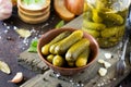 Marinated cucumbers gherkins. Pickles with mustard and garlic on a stone background