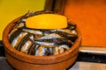 Marinated fresh sardines in a bowl with lemon Royalty Free Stock Photo