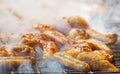 Marinated, fried with a crispy golden crust fried chicken wings on the grill. Royalty Free Stock Photo