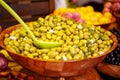 Marinated garlic and olives on provencal street market in Proven Royalty Free Stock Photo