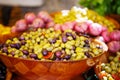 Marinated garlic and olives on provencal street market in Proven Royalty Free Stock Photo