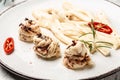 Marinated goat cheese with olive oil and hot chili peppers, Ecology and eco-products, tasty and healthy food Long banner format,