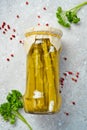 Marinated green asparagus in a glass jar. Vegetarian healthy food. Stocks of food. Royalty Free Stock Photo