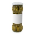 Marinated green asparagus jar with blank label Isolated on a white background Royalty Free Stock Photo