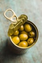 Marinated green olives in can