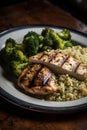 Marinated grilled healthy chicken breasts with broccoli, cooked on a summer BBQ Royalty Free Stock Photo