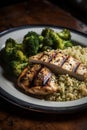 Marinated grilled healthy chicken breasts with broccoli, cooked on a summer BBQ