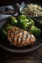 Marinated grilled healthy chicken breasts with broccoli, cooked on a summer BBQ Royalty Free Stock Photo