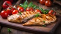 Marinated grilled healthy chicken breasts cooked on a summer BBQ and served with fresh herbs and lemon juice on a wooden Royalty Free Stock Photo