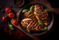 Marinated grilled healthy chicken breasts cooked on a summer BBQ and served with fresh herbs, AI Generated Royalty Free Stock Photo