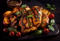 Marinated grilled healthy chicken breasts cooked on a summer BBQ and served with fresh herbs, AI Generated