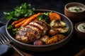 Marinated grilled healthy chicken breasts cooked on a summer BBQ and served with fresh herbs and vegetables, close up view. Royalty Free Stock Photo