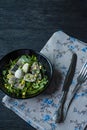 Marinated herring with arugula, onions, boiled quail eggs and lemon juice and olive oil. Delicious salad. Proper nutrition. Dark Royalty Free Stock Photo