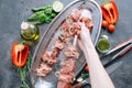 Marinated meat for barbecue. Meat skewered and ready to grill Royalty Free Stock Photo