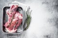 Marinated mutton lamb whole shoulder, raw meat in a steel tray with herbs and spices. White background. Top view. Copy Royalty Free Stock Photo