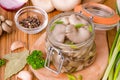 Marinated Oyster Mushrooms with spices in a glass jar