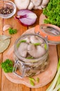 Marinated Oyster Mushrooms with spices in a glass jar