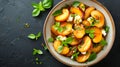 Marinated peaches with aromatic basil and soft cheese, culinary styling