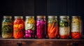 Marinated pickles variety preserving jars.Homemade Fermented food. Royalty Free Stock Photo