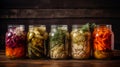 Marinated pickles variety preserving jars.Homemade Fermented food. Royalty Free Stock Photo