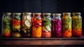 Marinated pickles variety preserving jars.Homemade Fermented food.