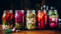 Marinated pickles variety preserving jars.Homemade Fermented food. Royalty Free Stock Photo