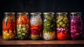 Marinated pickles variety preserving jars.Homemade Fermented food. Royalty Free Stock Photo