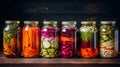 Marinated pickles variety preserving jars.Homemade Fermented food. Royalty Free Stock Photo