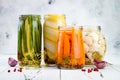 Marinated pickles variety preserving jars. Homemade green beans, squash, carrots, cauliflower pickles. Fermented food Royalty Free Stock Photo